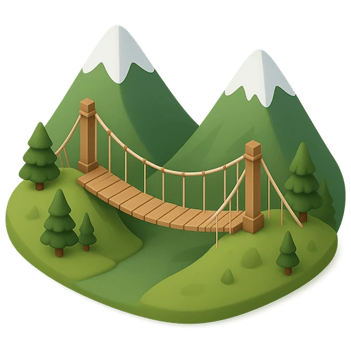 3D-Hängebrücke zwischen Bergen als Symbol für das Überwinden von Prüfungsangst